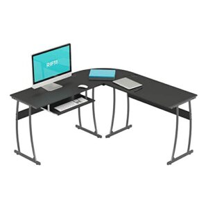 rif6 l-shaped computer desk - 59.4" home office corner desk with adjustable keyboard tray - durable black surface study table for pc laptop gaming and writing - with sturdy adjustable steel legs