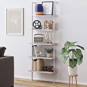 5-shelf industrial ladder bookcase with metal frame,rustic display vintage pipe bookshelf,open storage rack plant flower stand for home decor,living room kitchen office furniture (white)