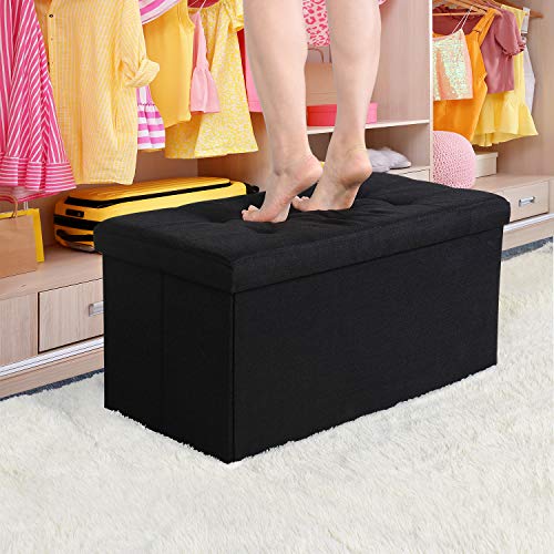 WoneNice Linen Folding Storage Ottoman Bench, Storage Chest Footrest Padded Seat, 30 x 15 x 15 Inches (Linen Black)