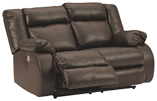 Signature Design by Ashley Denoron Faux Leather Power Reclining Loveseat with Adjustable Positions and USB Plug In, Gray