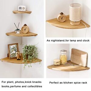 BEUGAWHOO Corner Shelf Wall Mount 12inch Oak Wood Floating Wall Shelf Round End Small Corner Nightstand Plant Stand Wall Mount for Kitchen, Living Room, Bedroom