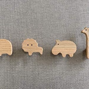 aWhiteWolfproduct Children's Coat Hooks Wall Mounted, Bedroom Or Nursery - Wooden African Safari Animal Theme Decor - Set of (4) Natural Oak Wood Cute Elephant Lion Giraffe & Hippo Kids Hangers