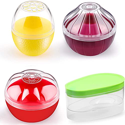 Fruit and Vegetable Storage Containers for Fridge 4 Piece Set, Onion, Lemon, Tomato and Avocado Saver / Holder / Keeper