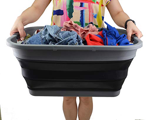 SAMMART 41L (10.8 gallon) Collapsible Plastic Laundry Basket - Foldable Pop Up Storage Container/Organizer - Portable Washing Tub - Space Saving Hamper/Basket, (Rectangular, Grey/Black)