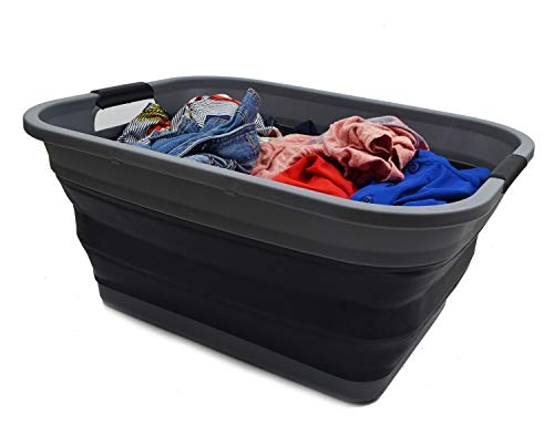 SAMMART 41L (10.8 gallon) Collapsible Plastic Laundry Basket - Foldable Pop Up Storage Container/Organizer - Portable Washing Tub - Space Saving Hamper/Basket, (Rectangular, Grey/Black)