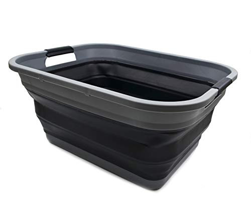 SAMMART 41L (10.8 gallon) Collapsible Plastic Laundry Basket - Foldable Pop Up Storage Container/Organizer - Portable Washing Tub - Space Saving Hamper/Basket, (Rectangular, Grey/Black)