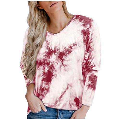 Women's Fashion Casual Tie-Dye Crewneck Knot Long Sleeve Loose Pullover Tops Red