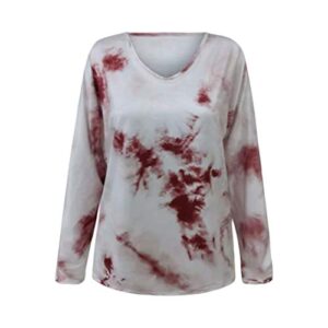 Women's Fashion Casual Tie-Dye Crewneck Knot Long Sleeve Loose Pullover Tops Red