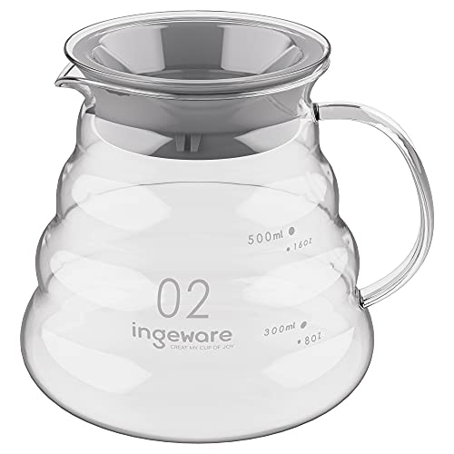 Ingeware Glass Coffee Carafe, 600ml Pour Over Glass Coffee Server Coffee Pot Maker Clear Pour Over Carafe 20oz Capacity