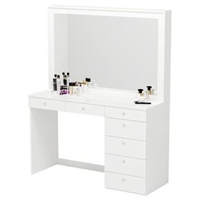 Boahaus Joan Vanity Makeup Desk with 7 Drawers, Wide Hollywood Vanity Mirror, No Lights Add-on Included, White Vanity Painted Makeup Table, Vanity Dresser with Mirror for Bedroom (New Version 04/2023)