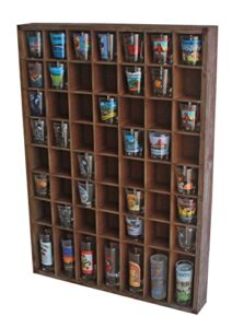 displaygifts open front shot glasses display case 56 compartments wall mount pint glass shadow box bar collection or small items display shelving, no cover on the front, rustic brown wood frame