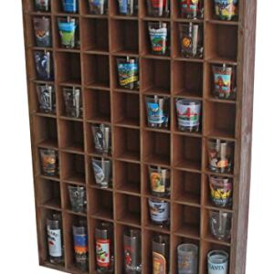 DisplayGifts Open Front Shot Glasses Display Case 56 Compartments Wall Mount Pint Glass Shadow Box Bar Collection or Small Items Display Shelving, No Cover on The Front, Rustic Brown Wood Frame