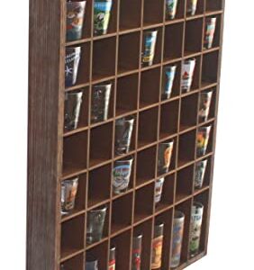 DisplayGifts Open Front Shot Glasses Display Case 56 Compartments Wall Mount Pint Glass Shadow Box Bar Collection or Small Items Display Shelving, No Cover on The Front, Rustic Brown Wood Frame