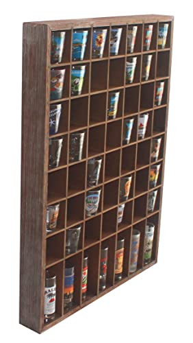 DisplayGifts Open Front Shot Glasses Display Case 56 Compartments Wall Mount Pint Glass Shadow Box Bar Collection or Small Items Display Shelving, No Cover on The Front, Rustic Brown Wood Frame