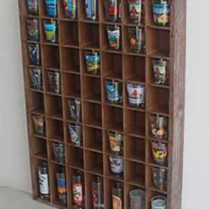 DisplayGifts Open Front Shot Glasses Display Case 56 Compartments Wall Mount Pint Glass Shadow Box Bar Collection or Small Items Display Shelving, No Cover on The Front, Rustic Brown Wood Frame