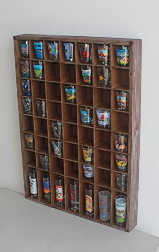 DisplayGifts Open Front Shot Glasses Display Case 56 Compartments Wall Mount Pint Glass Shadow Box Bar Collection or Small Items Display Shelving, No Cover on The Front, Rustic Brown Wood Frame