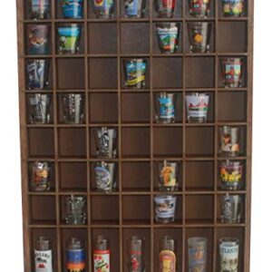 DisplayGifts Open Front Shot Glasses Display Case 56 Compartments Wall Mount Pint Glass Shadow Box Bar Collection or Small Items Display Shelving, No Cover on The Front, Rustic Brown Wood Frame
