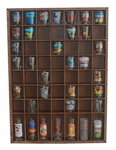 DisplayGifts Open Front Shot Glasses Display Case 56 Compartments Wall Mount Pint Glass Shadow Box Bar Collection or Small Items Display Shelving, No Cover on The Front, Rustic Brown Wood Frame