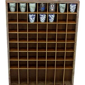 DisplayGifts Open Front Shot Glasses Display Case 56 Compartments Wall Mount Pint Glass Shadow Box Bar Collection or Small Items Display Shelving, No Cover on The Front, Rustic Brown Wood Frame