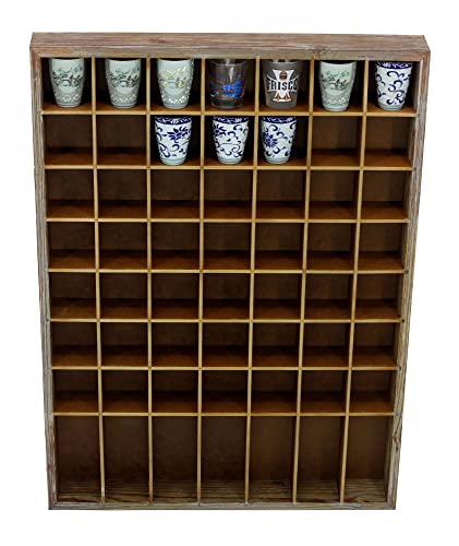 DisplayGifts Open Front Shot Glasses Display Case 56 Compartments Wall Mount Pint Glass Shadow Box Bar Collection or Small Items Display Shelving, No Cover on The Front, Rustic Brown Wood Frame