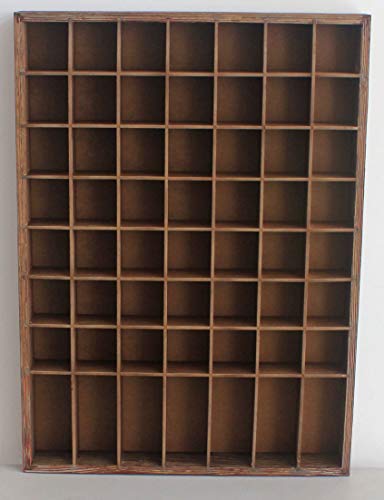 DisplayGifts Open Front Shot Glasses Display Case 56 Compartments Wall Mount Pint Glass Shadow Box Bar Collection or Small Items Display Shelving, No Cover on The Front, Rustic Brown Wood Frame