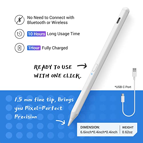 Tilt Sensitivity Palm Rejection Stylus Pen for Apple iPad(2018 and After) 6/7/8/9/10 th Generation/ipad Pro 11 / Pro 12.9 inch/Air 3&4&5/Mini 5&6, Precise Writing Drawing Digital iPad Pencil