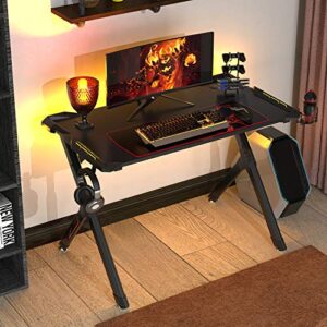 designa gaming desk with led lights, 44.8 inch home office computer desk with free mouse pad, ergonomic e-sport style gamer desk with usb handle rack, cup holder & headphone hook,black