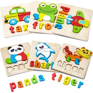 Wooden Toddlers Puzzles Kids Toys Gifts for 1 2 3 Year Old Boys Girls,6 Pack Animal Shape Jigsaw Puzzles Montessori Educational Toys with Alphabet Spelling Stem Travel Toy for Kids Ages 1-3