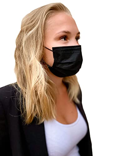 Black Shield - 100 + 2 Black Face Masks - 3 Layers - Ultra Comfy - Gentle Elastic Earloop - Disposable