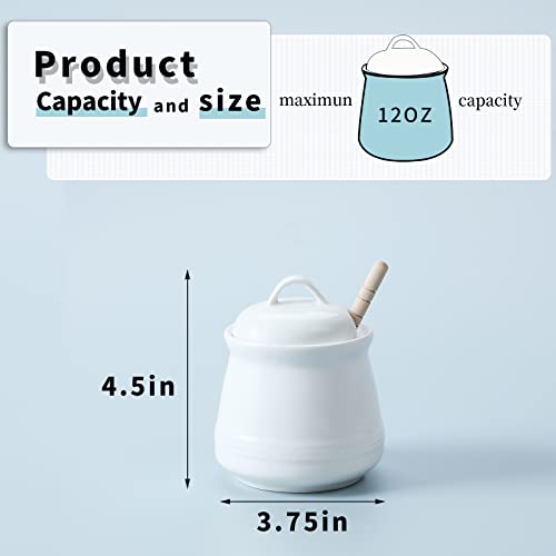 HAOTOP Ceramic Honey pot with Lid and Honey Dipper,Porcelain Honey Jar Easy to Clean and Dishwasher Safe,12oz (White)