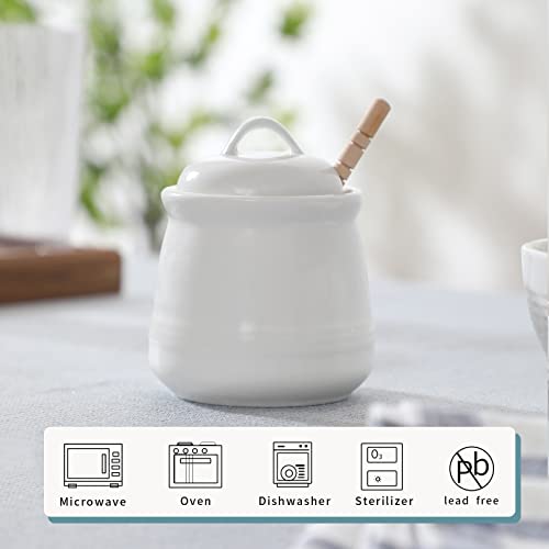 HAOTOP Ceramic Honey pot with Lid and Honey Dipper,Porcelain Honey Jar Easy to Clean and Dishwasher Safe,12oz (White)