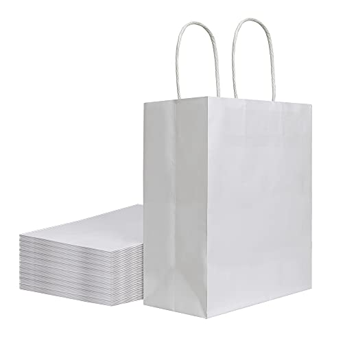 bagmad 50 Pack 8x4.75x10 inch Medium White Kraft Paper Bags with Handles Bulk, Gift Bags, Craft Grocery Shopping Retail Birthday Party Favors Wedding Sacks Restaurant Takeout, Business (50Pcs)