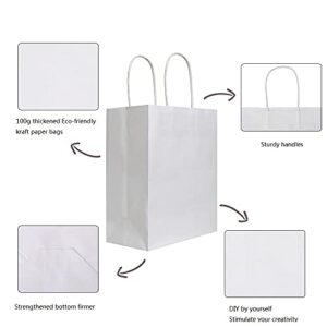 bagmad 50 Pack 8x4.75x10 inch Medium White Kraft Paper Bags with Handles Bulk, Gift Bags, Craft Grocery Shopping Retail Birthday Party Favors Wedding Sacks Restaurant Takeout, Business (50Pcs)