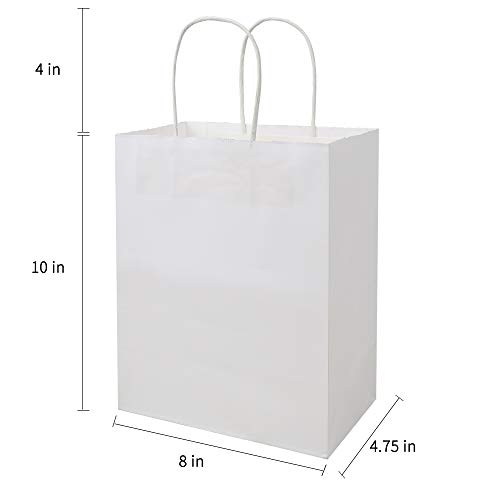 bagmad 50 Pack 8x4.75x10 inch Medium White Kraft Paper Bags with Handles Bulk, Gift Bags, Craft Grocery Shopping Retail Birthday Party Favors Wedding Sacks Restaurant Takeout, Business (50Pcs)