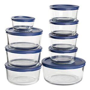 anchor hocking glass food storage containers with navy snugfit lids (18-piece, round, bpa free, glass tempered tough for oven, microwave, fridge, and freezer)