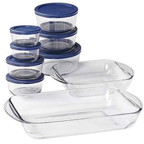 Anchor Hocking Bake and Store Glass Set (16 piece, navy BPA-free lids, tempered tough, dishwasher safe)