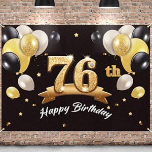 pakboom happy 76th birthday banner backdrop - 76 birthday party decorations supplies for men - black gold 4 x 6ft