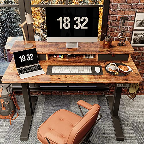 FEZIBO Height Adjustable Electric Standing desk with Double Drawer, 48 x 24 Inch Table with Storage Shelf, Sit Stand Desk with Splice Board, Black Frame/Rustic Brown Top, 48 inch