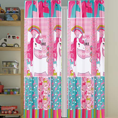 Sapphire Home Kids Girls Window Curtain Panels with tiebacks (4 Piece Set), Unicorn and Rainbow Print Window Curtain for Girls Kids, Pink Girls Kids Teens Room Décor, Unicorn Curtain