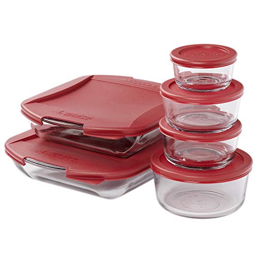 Anchor Hocking SnugFit Glass Food Storage and Embrace Baking Dish, 12 Piece Set, Cherry