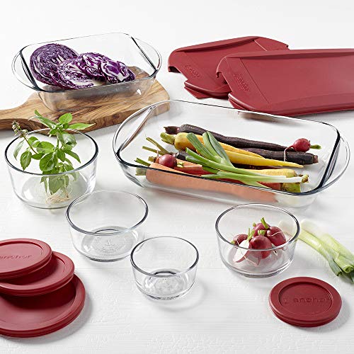 Anchor Hocking SnugFit Glass Food Storage and Embrace Baking Dish, 12 Piece Set, Cherry