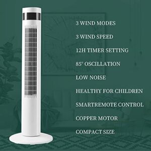 Antarctic Star Tower Fan Portable Electric Oscillating Fan Quiet Cooling Remote Control Standing Bladeless Floor Fans 3 Speeds Wind Modes Timer Bedroom Office (36 inch, White)