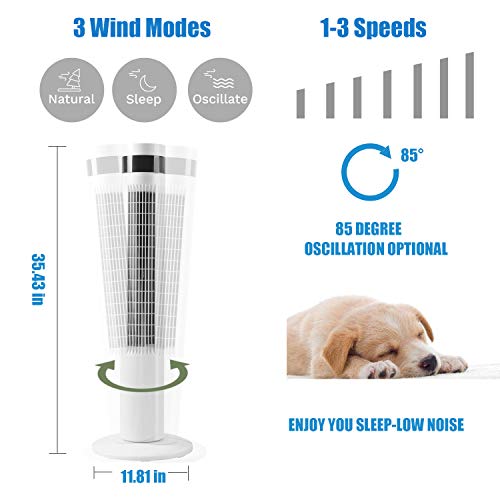 Antarctic Star Tower Fan Portable Electric Oscillating Fan Quiet Cooling Remote Control Standing Bladeless Floor Fans 3 Speeds Wind Modes Timer Bedroom Office (36 inch, White)