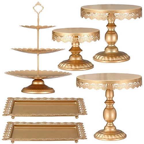 XINLIYA Set of 6 Pieces Metal Cake Stands Round Cake Stands Square Candy Fruite Display Plate Cupcake Serving Tower Wedding Brithday Party Celebration Home Decoration,Antique Gold