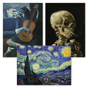 3 pack: vincent van gogh skeleton + starry night + the old guitarist by pablo picasso poster set - set of 3 fine art prints (laminated, 18" x 24")