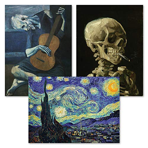 3 Pack: Vincent Van Gogh Skeleton + Starry Night + The Old Guitarist by Pablo Picasso Poster Set - Set of 3 Fine Art Prints (LAMINATED, 18" x 24")