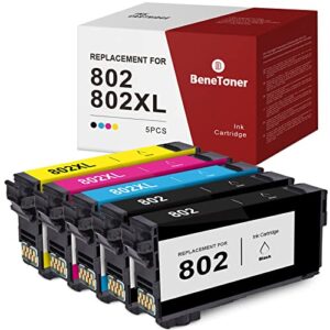 benetoner remanufactured ink cartridges replacement for epson 802 xl 802xl t802xl work with workforce pro wf-4740 wf-4734 wf-4730 wf-4720 (black, cyan, magenta, yellow, 5-pack)
