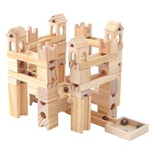 wooden marble run for kids ages 4-8, 80 pieces wood building blocks toys and construction play set, marble track maze game stem learning toys gifts for boys girls (80pc set)