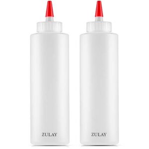 zulay 2 pack condiment squeeze bottle - 17oz plastic squeeze bottles with caps - sauce bottle with wide mouth & small pointed nozzle for ketchup, mustard, olive oil, glue, and more