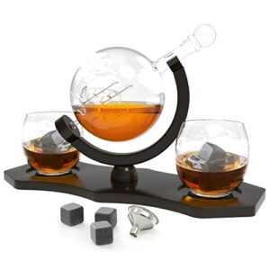 chef's star whiskey decanter set for men- etched globe decanter set with 2 etched globe glasses, for whiskey, bourbon, 2 globe etched glasses and whiskey stones, liquor gift set, 850ml (28 oz)